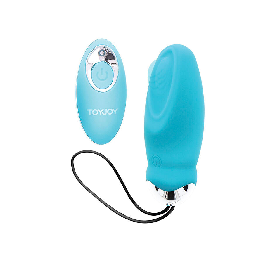 Oeuf vibrant bleu turquoise en silicone et sa telecommande bleue cote a cote, cordon de rappel. Stimulateur a 8 modes pour plaisir solo ou partage.