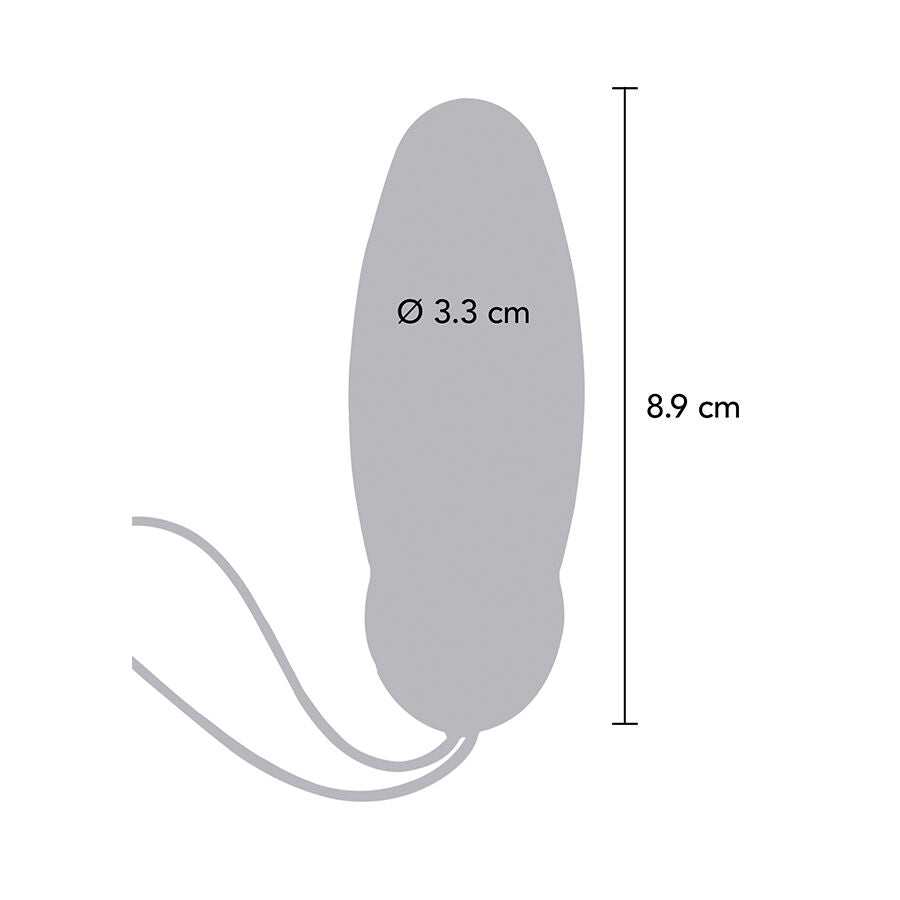 Schema technique gris de l'oeuf vibrant turquoise avec cotes : longueur 8,9 cm, diametre 3,3 cm. Silhouette ombree du stimulateur et de son cordon de rappel.