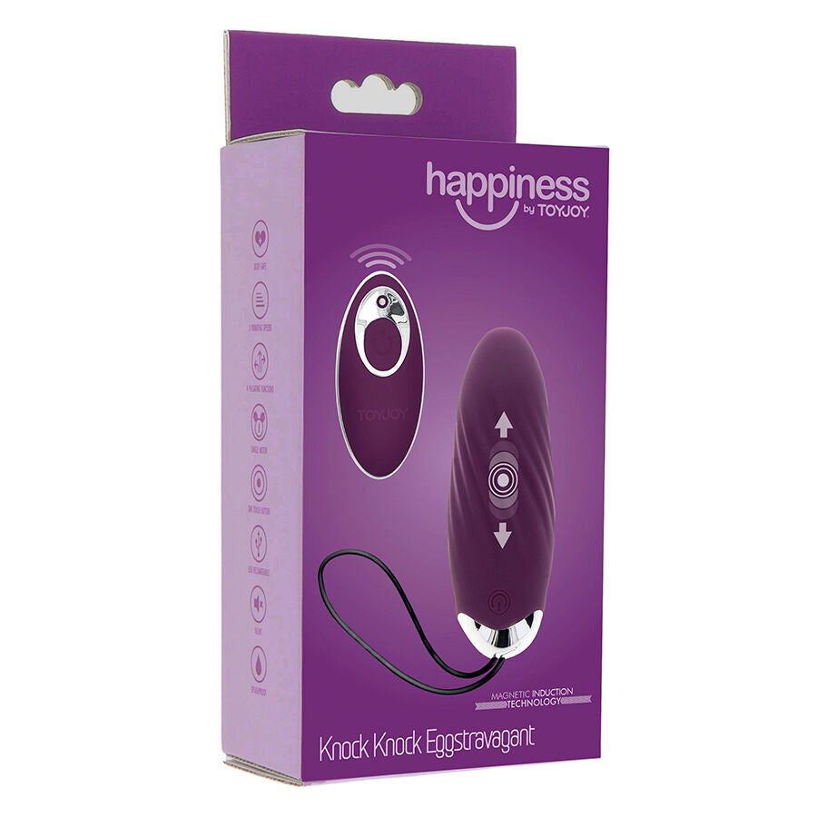Boite violette Happiness by Toy Joy Knock Knock Eggstravagant presentant l'oeuf vibrant et sa telecommande a fleches. Emballage colore du stimulateur a 8 modes.