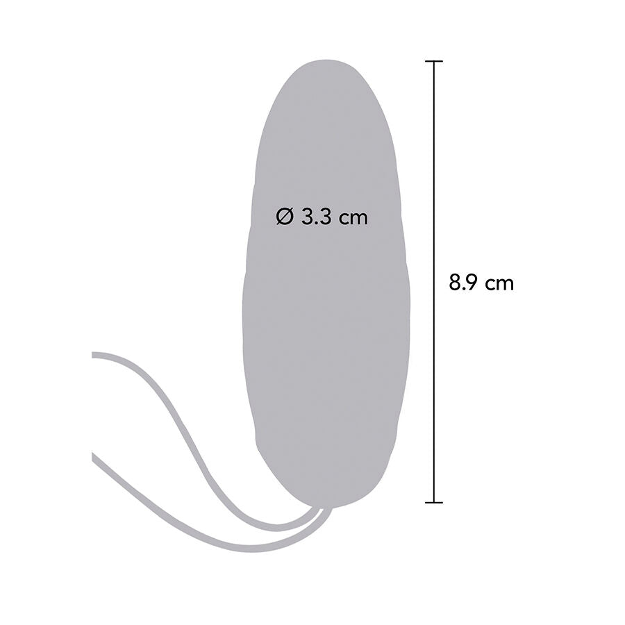 Schema technique gris de l'oeuf vibrant avec cotes : longueur 8,9 cm, diametre 3,3 cm. Silhouette ombree du stimulateur et de son cordon de rappel.