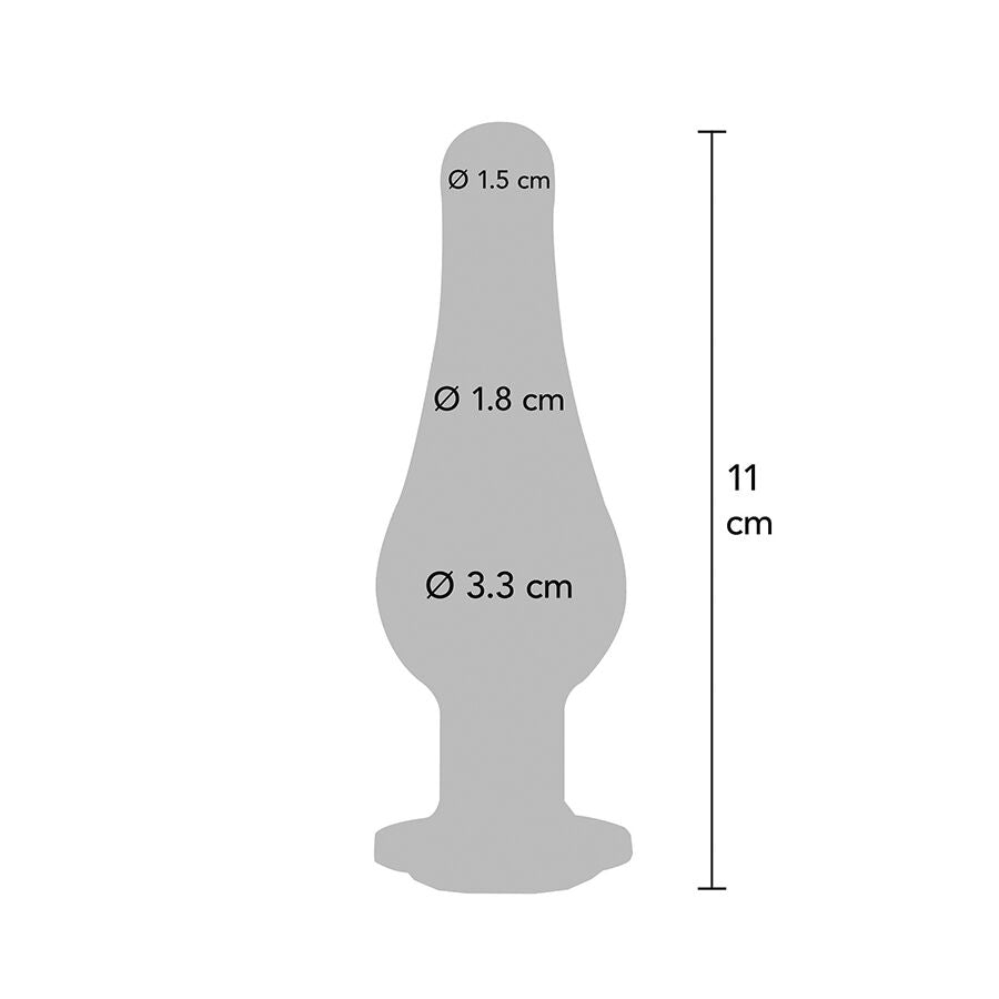 Schema technique du plug anal bijou chrome avec diametres 1,5 - 1,8 - 3,3 cm et hauteur 11 cm, guide visuel pour choisir une taille de plug adaptee en jeux anaux.