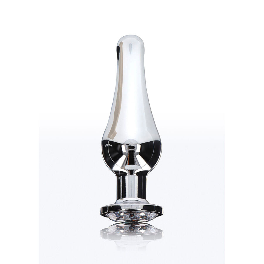Plug anal bijou Diamond Bum en aluminium chrome de profil, corps fusele brillant et large base evasee de securite, surface lisse conductrice de fraicheur metallique.