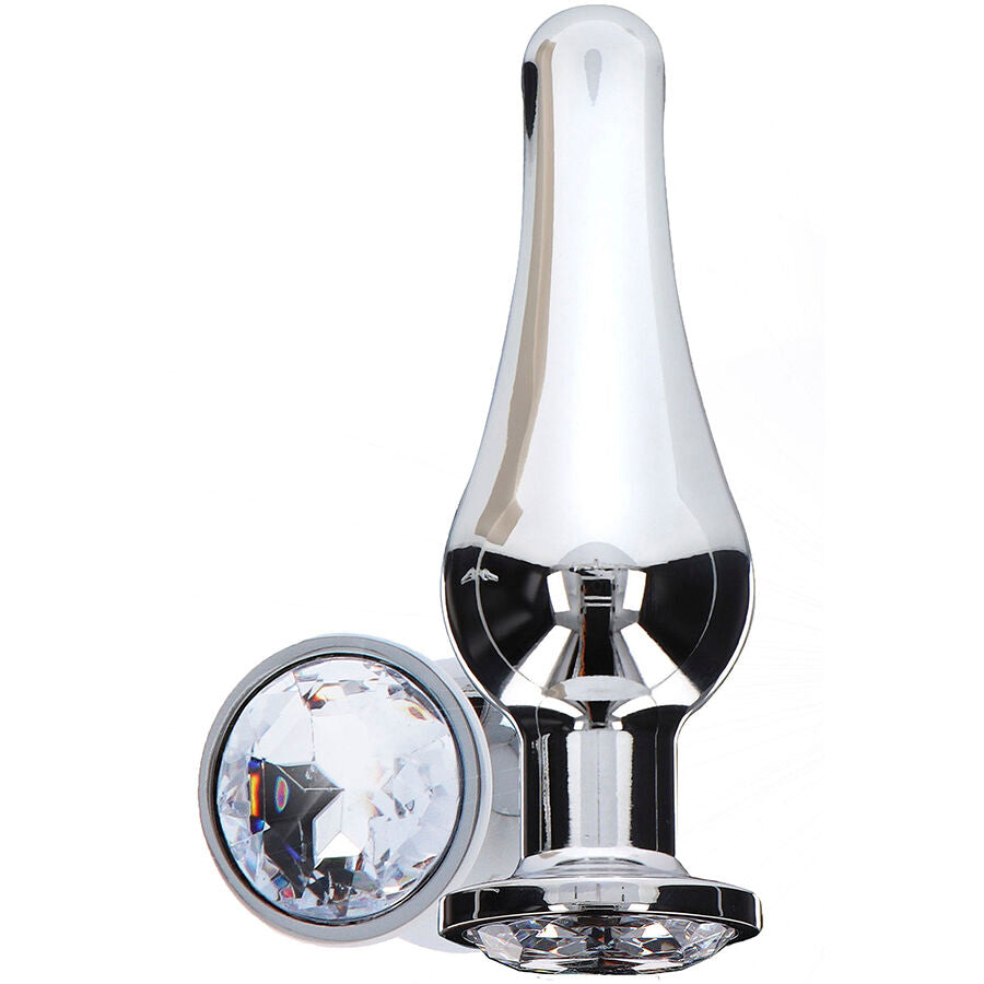 Grand plug anal bijou en metal chrome orne d'un strass argente en forme de diamant a la base. Silhouette fuselee lisse et conductrice pour des jeux de temperature.