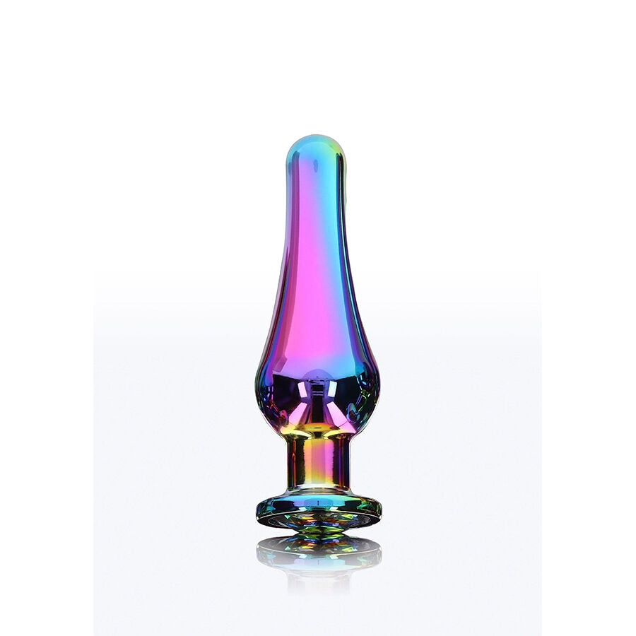 Plug anal bijou en aluminium arc-en-ciel vu de trois quarts, tete fuselee et base a pierre iridescente. Surface lisse metallique de 9,2 cm pour la fraicheur du metal.