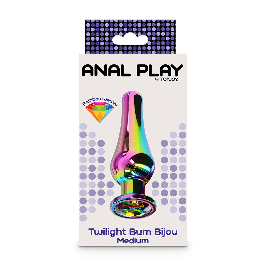 Boite Anal Play Toy Joy du plug bijou Twilight Bum Bijou Medium, packaging violet a pois illustrant le plug arc-en-ciel, gamme initiation anale aux pierres rainbow.