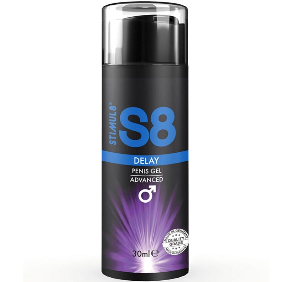 Flacon pompe noir S8 Delay 30 ml de face, gel retardant advanced pour homme, symbole masculin et halo violet, formule sans paraben ni phtalate.