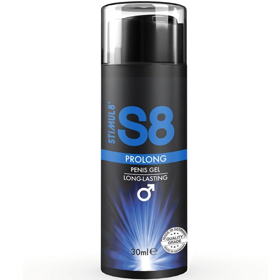 Flacon pompe noir S8 Prolong 30 ml de face, gel prolongateur longue duree pour homme, symbole masculin et halo bleu, formule pensee pour retarder l'orgasme.