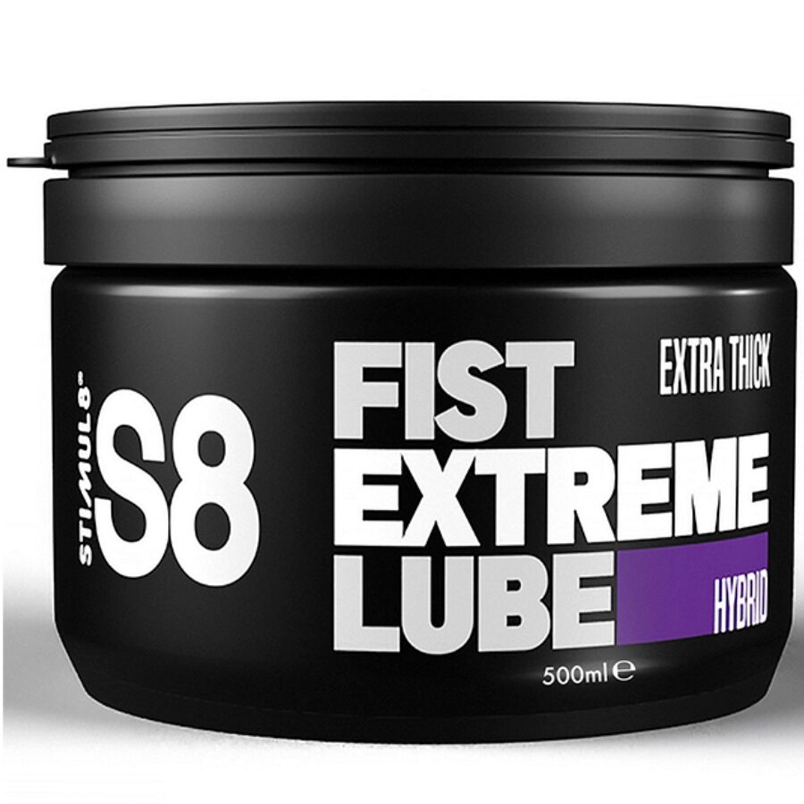 Grand pot noir S8 Fist Extreme Lube Hybrid 500 ml vu de face, lubrifiant hybride extra epais format generale, glisse durable pour jeux profonds.