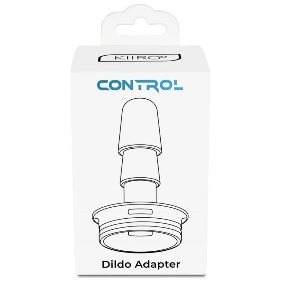 Boite Control Dildo Adapter Kiiroo avec schema de l'accessoire noir et base ventouse, adaptateur qui rend un gode a ventouse interactif via l'appareil Control.