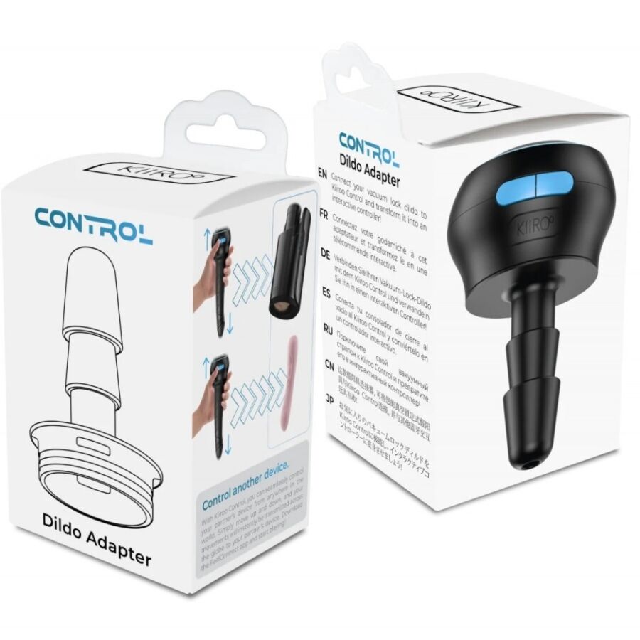Boites Control et Dildo Adapter Kiiroo cote a cote avec visuel du module noir a boutons bleus, accessoires de pilotage interactif pour gode a ventouse compatible.