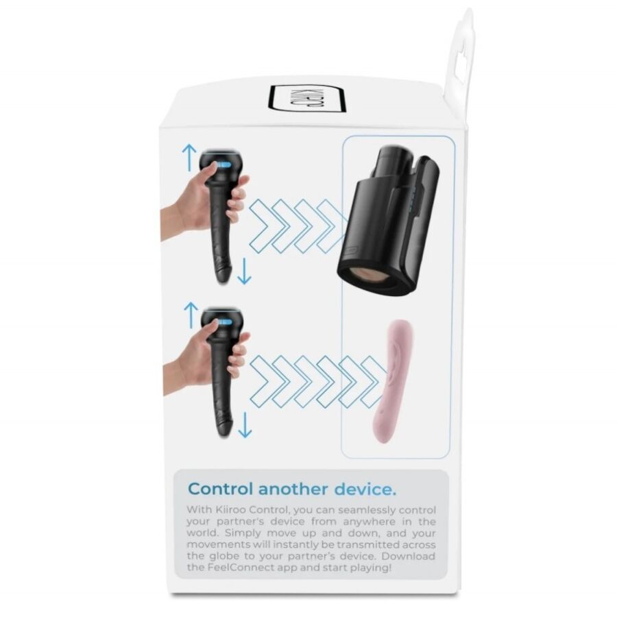 Dos de la boite Control Kiiroo illustrant le pilotage a distance d'un autre appareil, schemas d'usage et notice, accessoire interactif pour gode a ventouse.