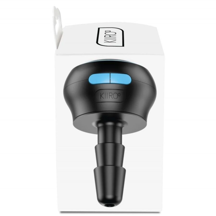 Boite du module Control Kiiroo montrant l'appareil noir a embout lisse et boutons bleus, accessoire de pilotage interactif pour gode a ventouse compatible.