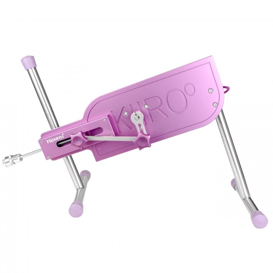 Machine sexuelle interactive Kiiroo vue de trois quarts, chassis rose sur pieds chromes reglables, structure stable a va-et-vient motorise pilotable a distance.