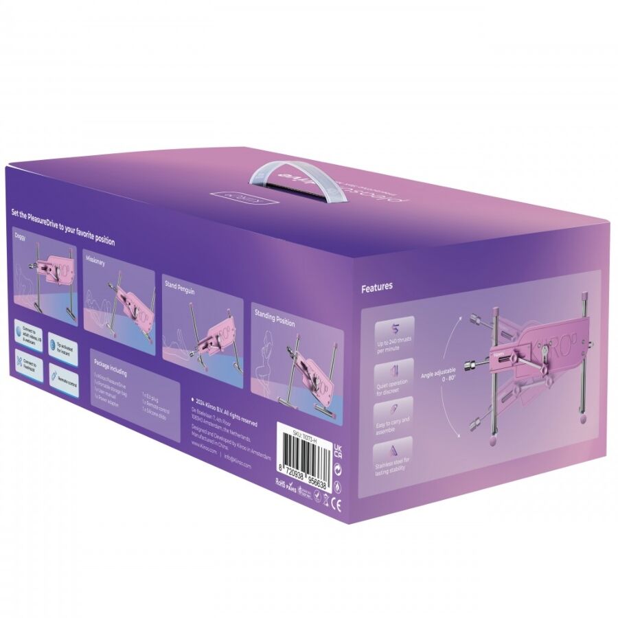 Boite PleasureDrive vue de profil, fond violet et vignettes illustrant les fonctions et positions de la machine sexuelle interactive, sans element anatomique.