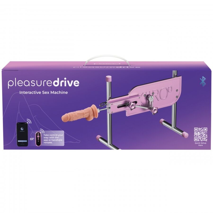 Boite PleasureDrive Interactive Sex Machine montrant la machine rose equipee d'un gode realiste couleur chair, systeme de va-et-vient motorise pilotable Bluetooth.