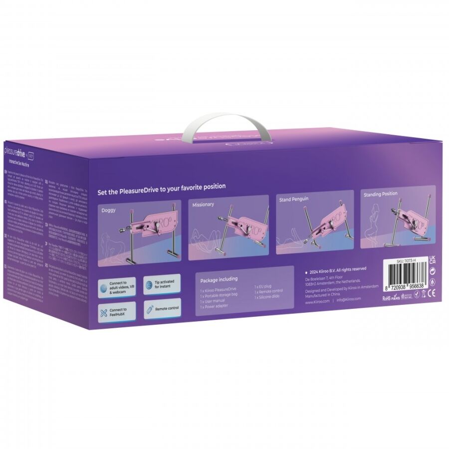 Dos de la boite PleasureDrive, fond violet detaillant le reglage des positions et le contenu de la machine sexuelle interactive Kiiroo, sans anatomie visible.