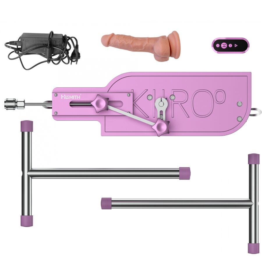 Machine sexuelle Kiiroo avec ses accessoires : chassis rose, barres chromees, telecommande, alimentation et gode realiste couleur chair monte sur le mecanisme.