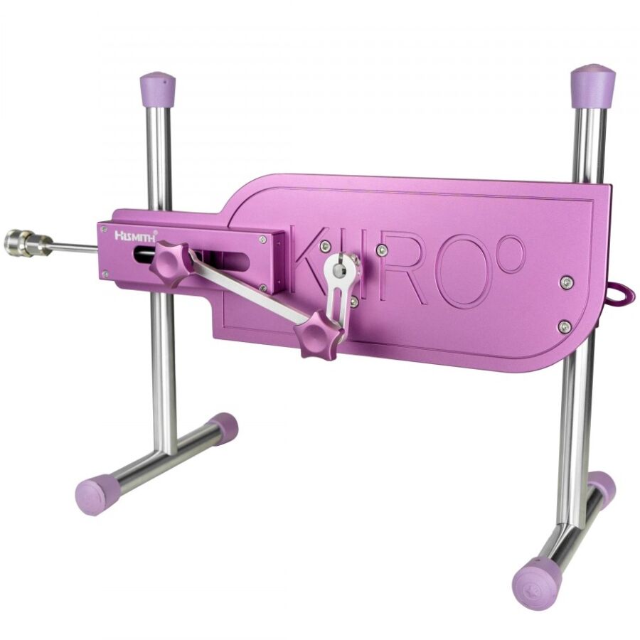 Machine sexuelle interactive Kiiroo, chassis rose sur pieds chromes inclinables, cadre robuste motorise pour va-et-vient pilotable, presentee sans accessoire monte.