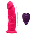 Gode réaliste vibrant Silexd rose en silicone avec ondes de vibration et télécommande sans fil violette, vue de face — sextoy 10 modes rechargeable USB body-safe