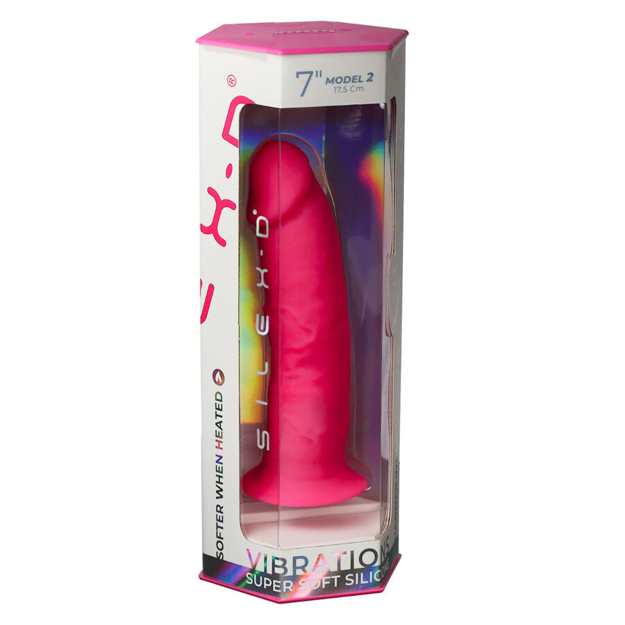 Boîte vitrine du gode réaliste vibrant Silexd rose 7" Modèle 1, packaging Vibration Super Soft laissant voir le sextoy en silicone — emballage télécommandé mentions produit