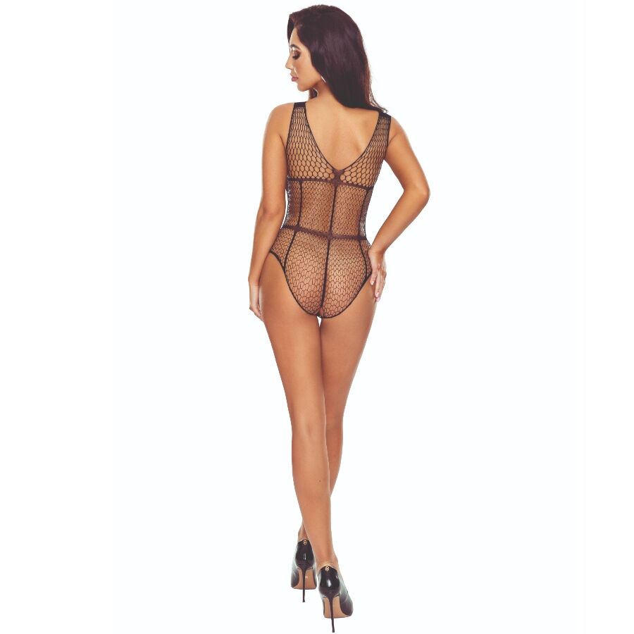 Body teddy resille noire Passion vue de dos, maille perforee transparente et coupe string ajouree, taille unique extensible stretch sensuelle.