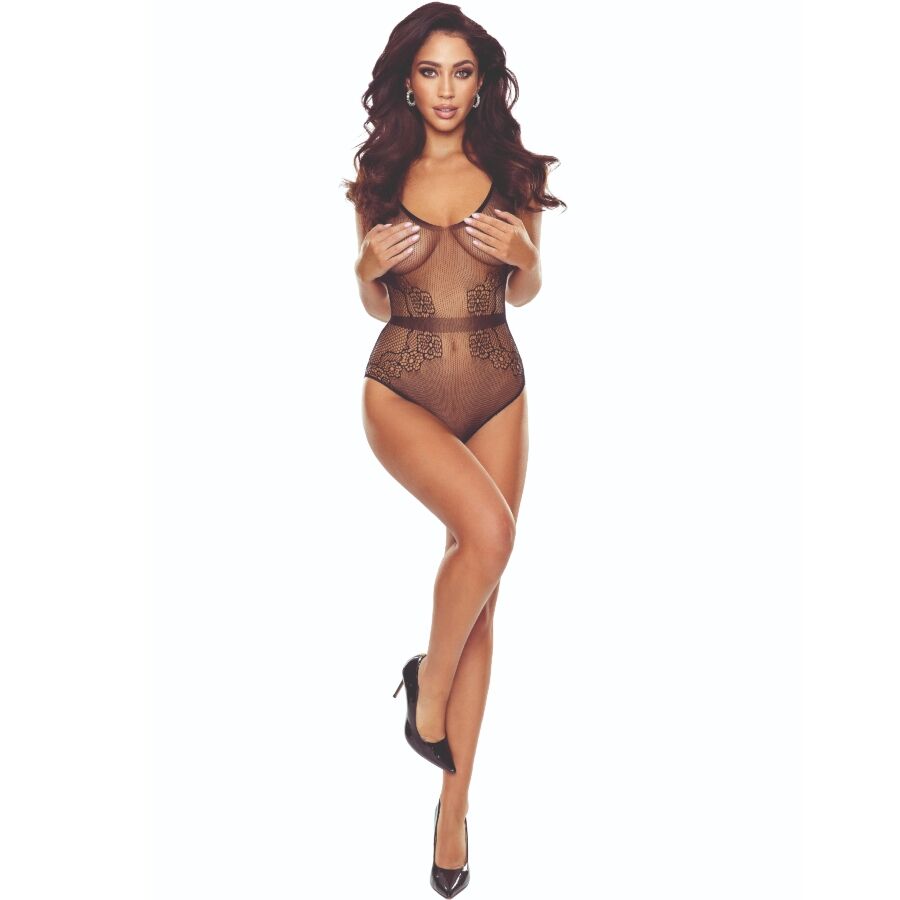 Body teddy resille noire Passion vue de face, maille ajouree transparente et coupe echancree, taille unique extensible sensuelle pour soiree intime.