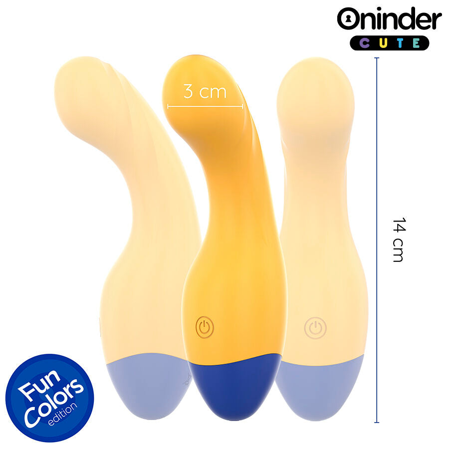 Trois variantes du vibromasseur point G Oninder en silicone jaune, vue de face montrant la cote de 14 cm de longueur et 3 cm de diametre, forme ergonomique courbee non realiste