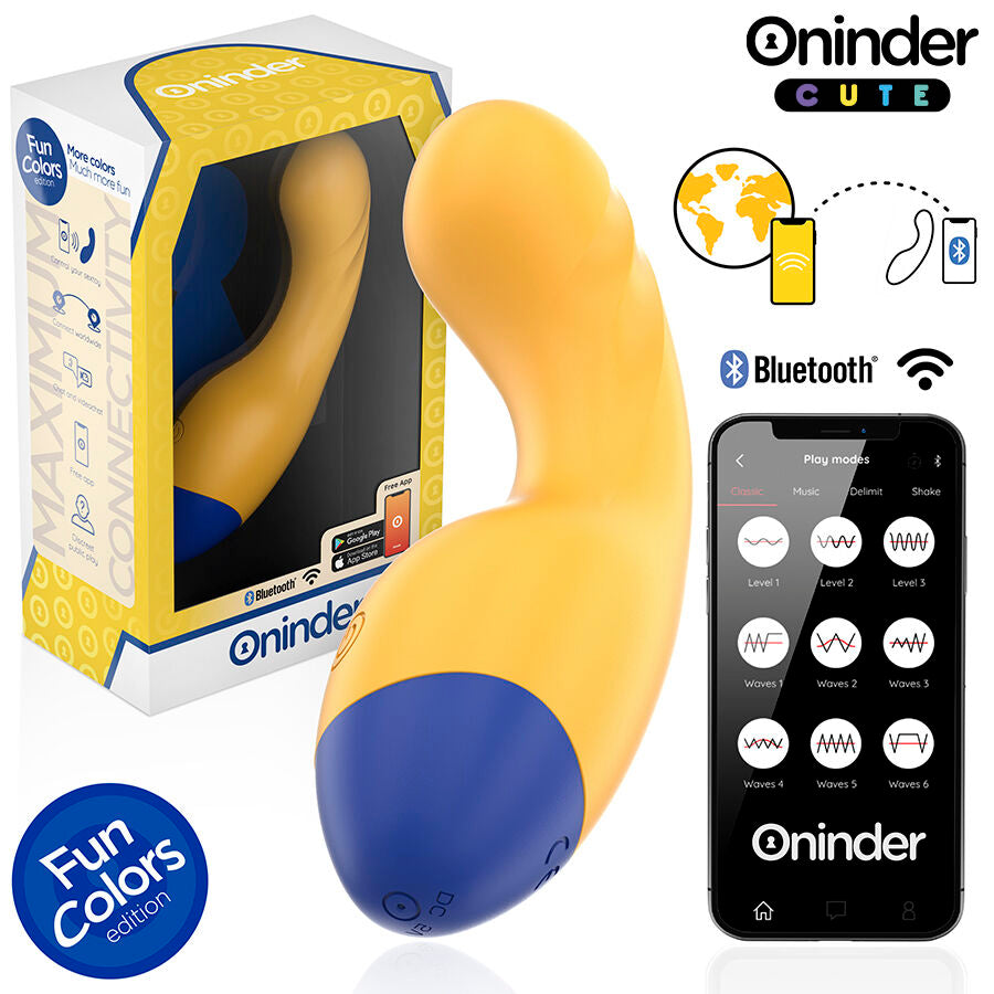 Boite ludique du vibromasseur point G Oninder Cute en silicone jaune et bleu, stimulateur ergonomique presente avec le smartphone et l'application connectee.