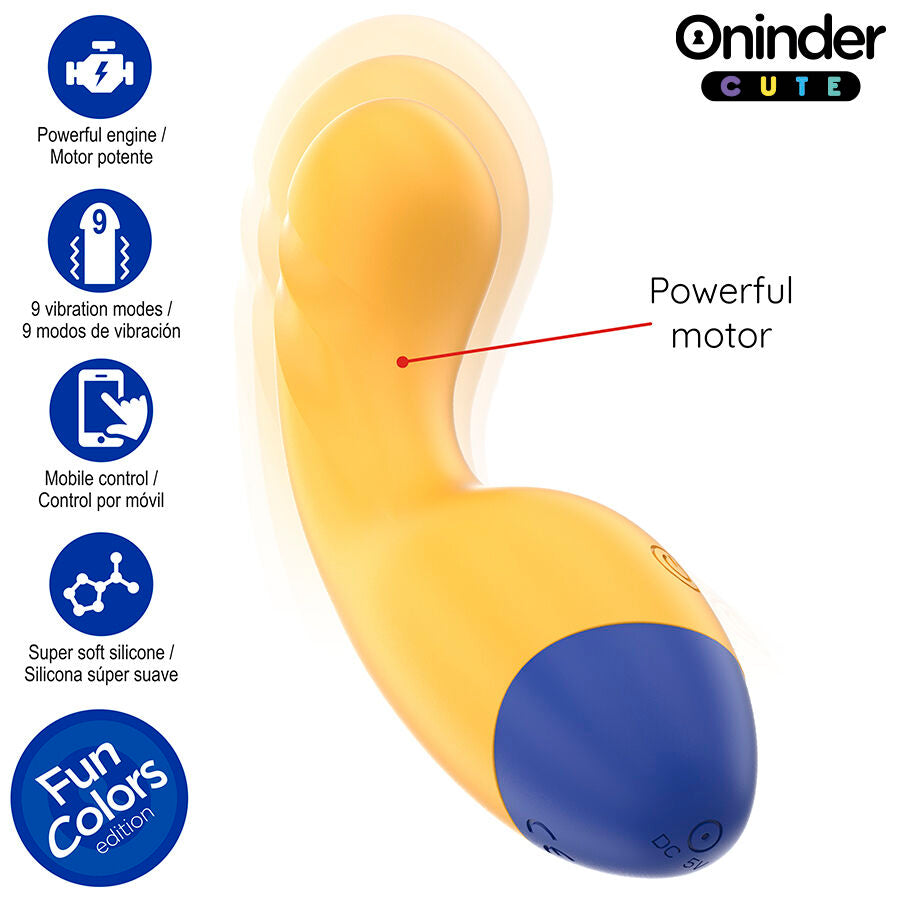 Vibromasseur point G Oninder en silicone jaune et bleu, gros plan sur la tete courbee et la mention powerful motor, stimulateur connecte pilotable via application gratuite