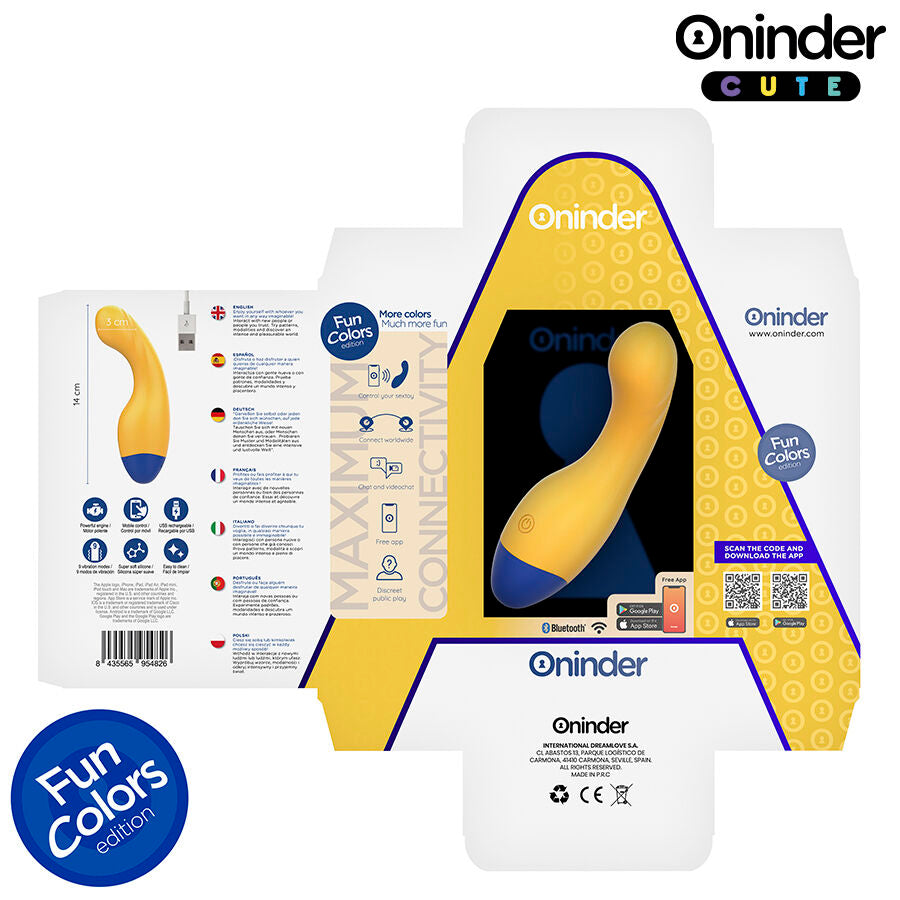 Boite ouverte du vibromasseur point G Oninder Fun Colors jaune, notice multilingue et pictogrammes techniques, sextoy en silicone connecte rechargeable par USB