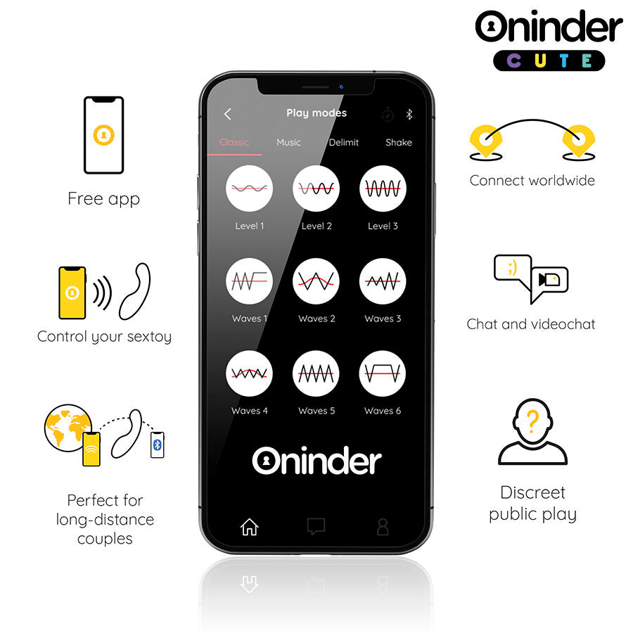 Ecran d application mobile Oninder affichant les modes de vibration et fonctions de controle a distance, app gratuite pour piloter le vibromasseur point G connecte entre partenaires