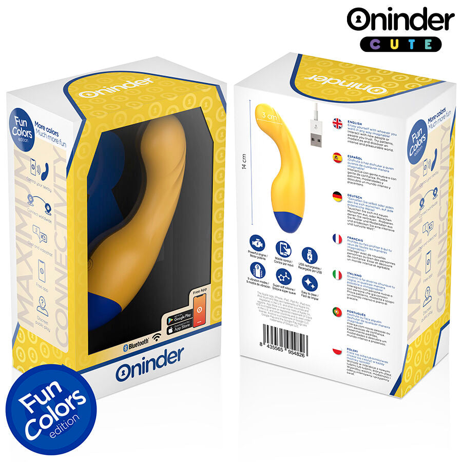 Emballage du vibromasseur point G Oninder Fun Colors jaune vu de face et de profil, packaging colore montrant le stimulateur silicone connecte rechargeable et pilotable par appli