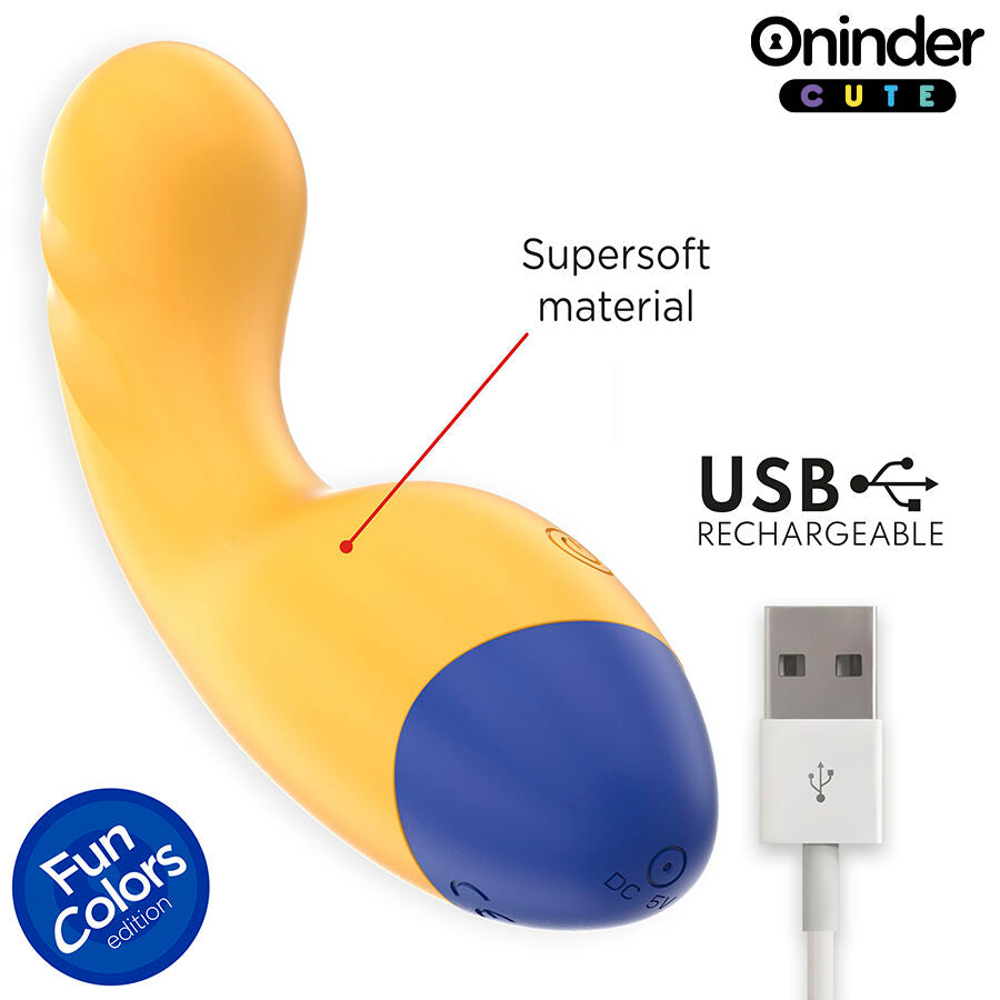 Vibromasseur point G Oninder jaune en silicone supersoft pose en biais, cable de recharge USB magnetique a cote, stimulateur connecte ergonomique pilotable par application