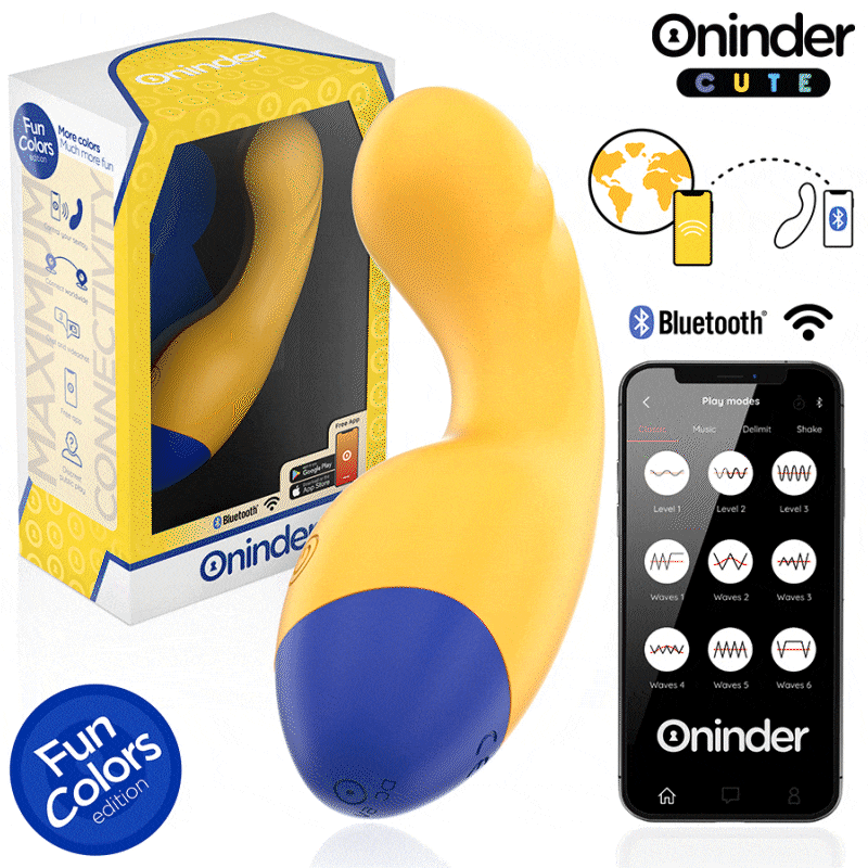 Boite et vibromasseur point G Oninder Fun Colors jaune et bleu en silicone, format compact pilotable par application mobile, telecommande Bluetooth posee a cote pour controle a distance