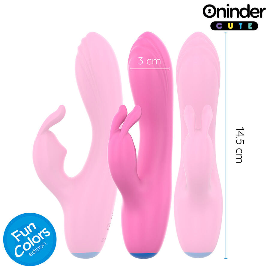 Trois variantes du vibromasseur lapin Oninder rose en silicone, vue de face avec cote de 14,5 cm de hauteur et 3 cm de diametre, bras lapin pour stimulation du clitoris