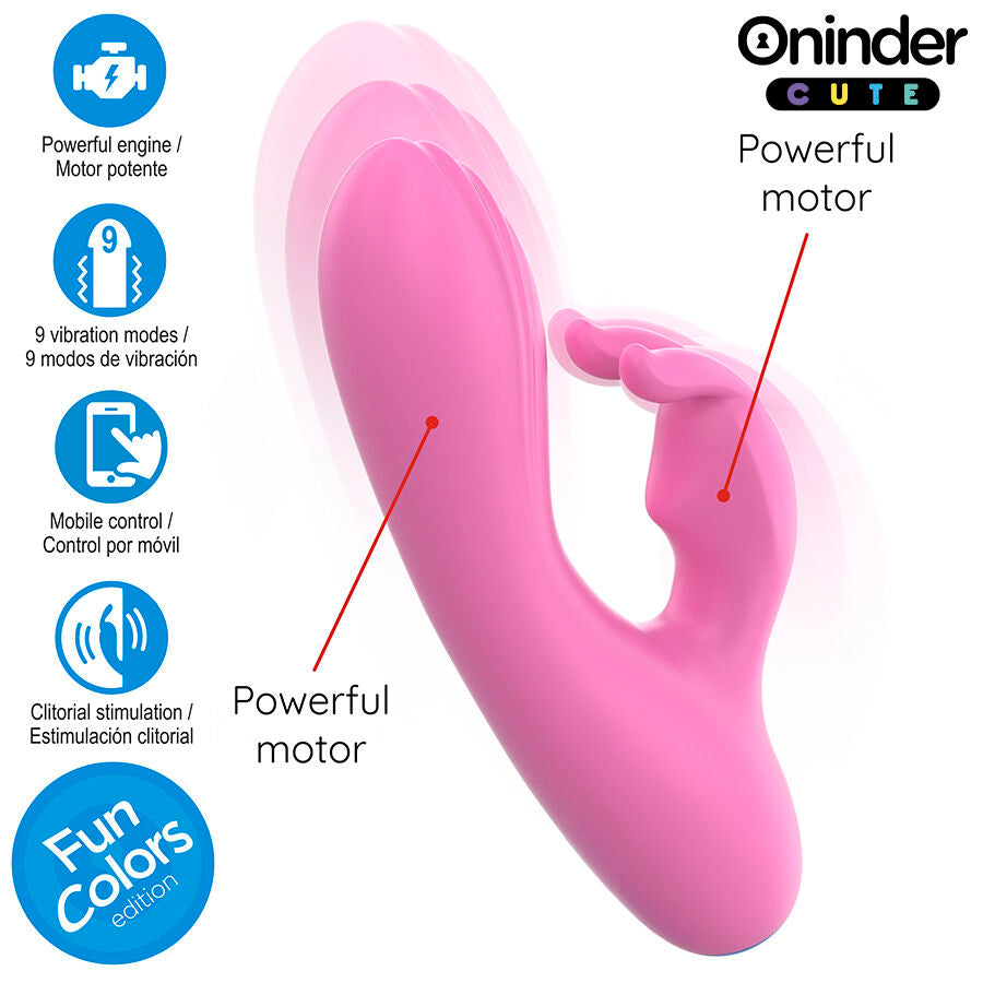 Vibromasseur lapin Oninder rose en silicone, gros plan sur les deux moteurs puissants et le bras clitoridien, stimulation interne point G et externe clitoris pilotable par appli