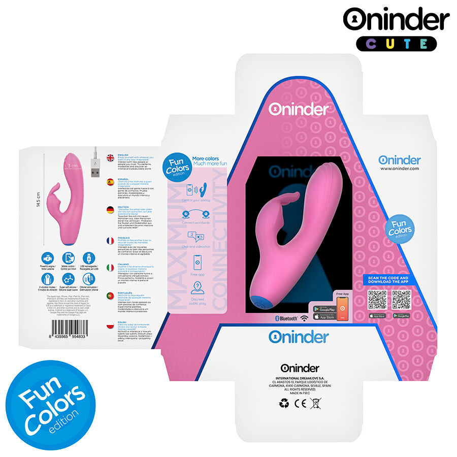 Boite ouverte du vibromasseur lapin Oninder Fun Colors rose, notice multilingue depliee et sextoy en silicone visible, stimulateur connecte rechargeable pilotable par appli