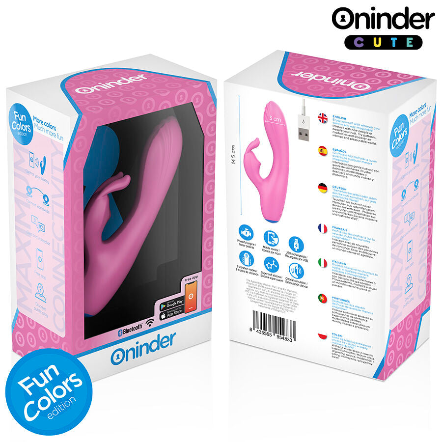 Emballage du vibromasseur lapin Oninder rose vu sous deux angles, packaging colore presentant le stimulateur silicone double connecte et rechargeable pilotable par application