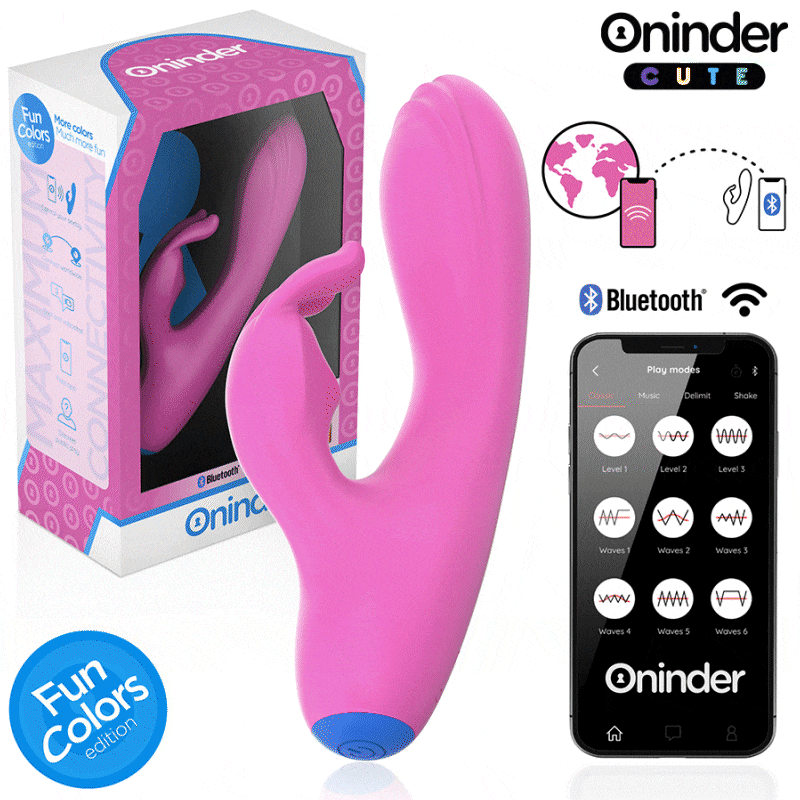 Vibromasseur lapin Oninder rose en silicone avec bras clitoridien, telecommande de controle a distance posee a cote, stimulation point G et clitoris pilotable par appli gratuite