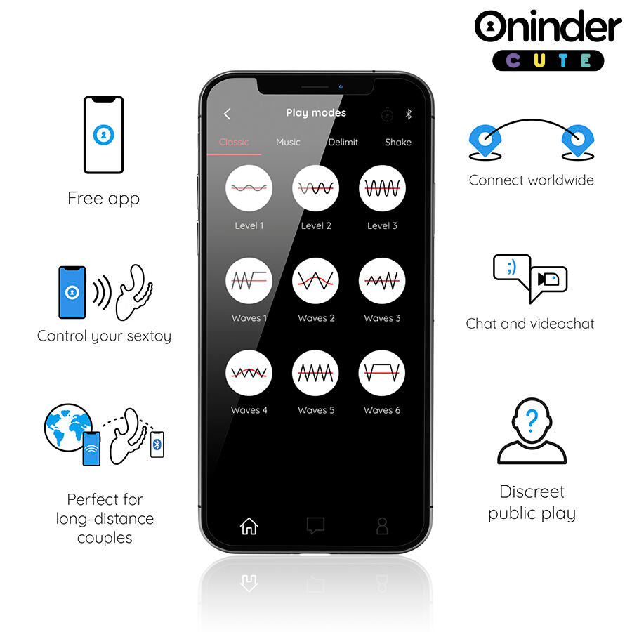 Ecran de l application gratuite Oninder affichant les modes de vibration et le controle a distance du vibromasseur triple connecte, pour jeux solo ou couple en longue distance