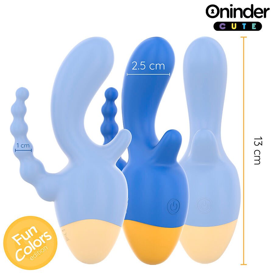 Trois variantes du vibromasseur triple Oninder bleu en silicone, vue de face avec cote de 13 cm de hauteur et 2,5 cm de largeur, branches pour triple stimulation simultanee
