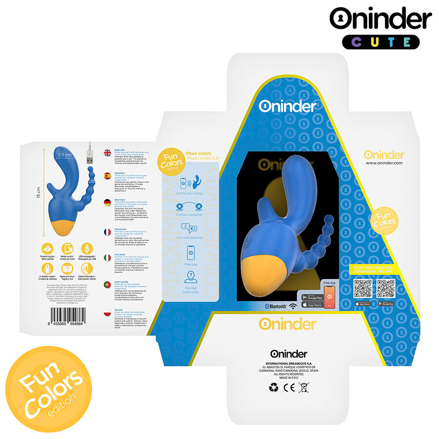 Boite ouverte du vibromasseur triple Oninder Fun Colors bleu, notice multilingue depliee et sextoy silicone visible, stimulateur connecte rechargeable pilotable par application