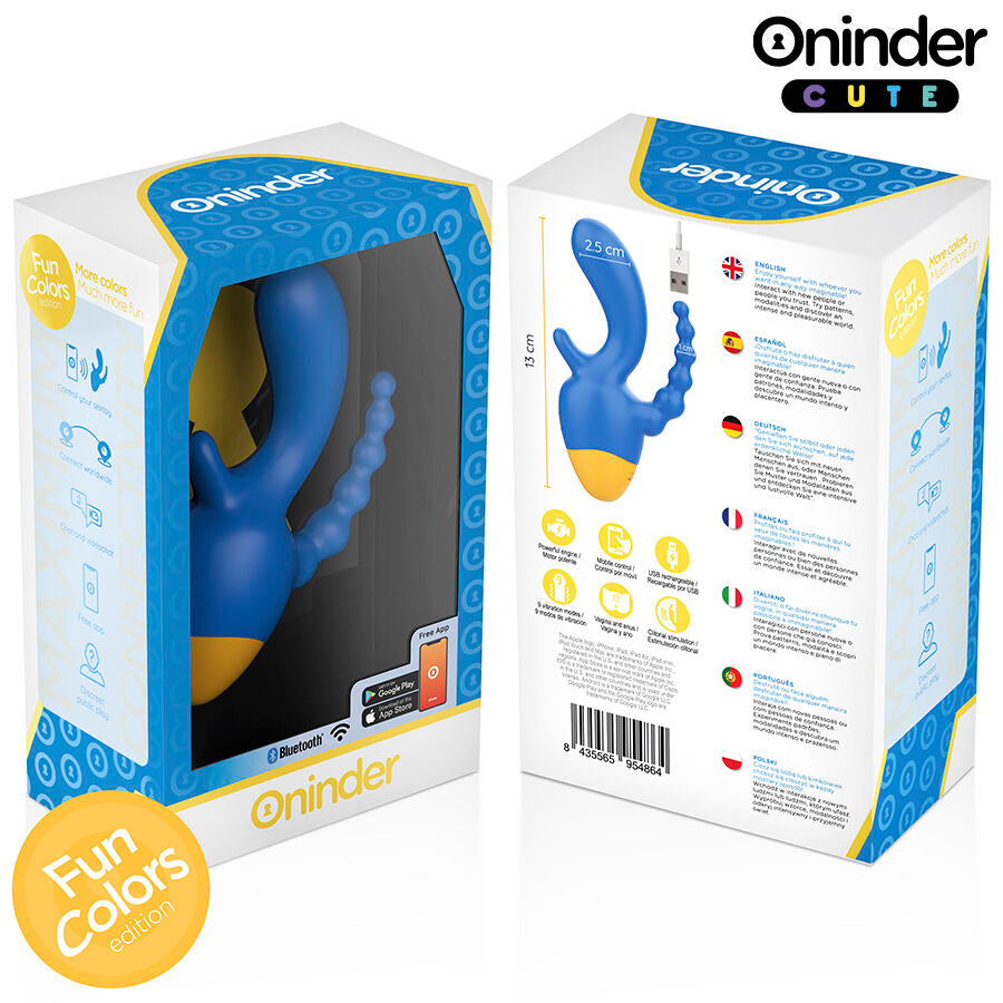 Emballage du vibromasseur triple Oninder bleu vu sous deux angles, packaging colore presentant le stimulateur silicone connecte rechargeable et pilotable par application mobile
