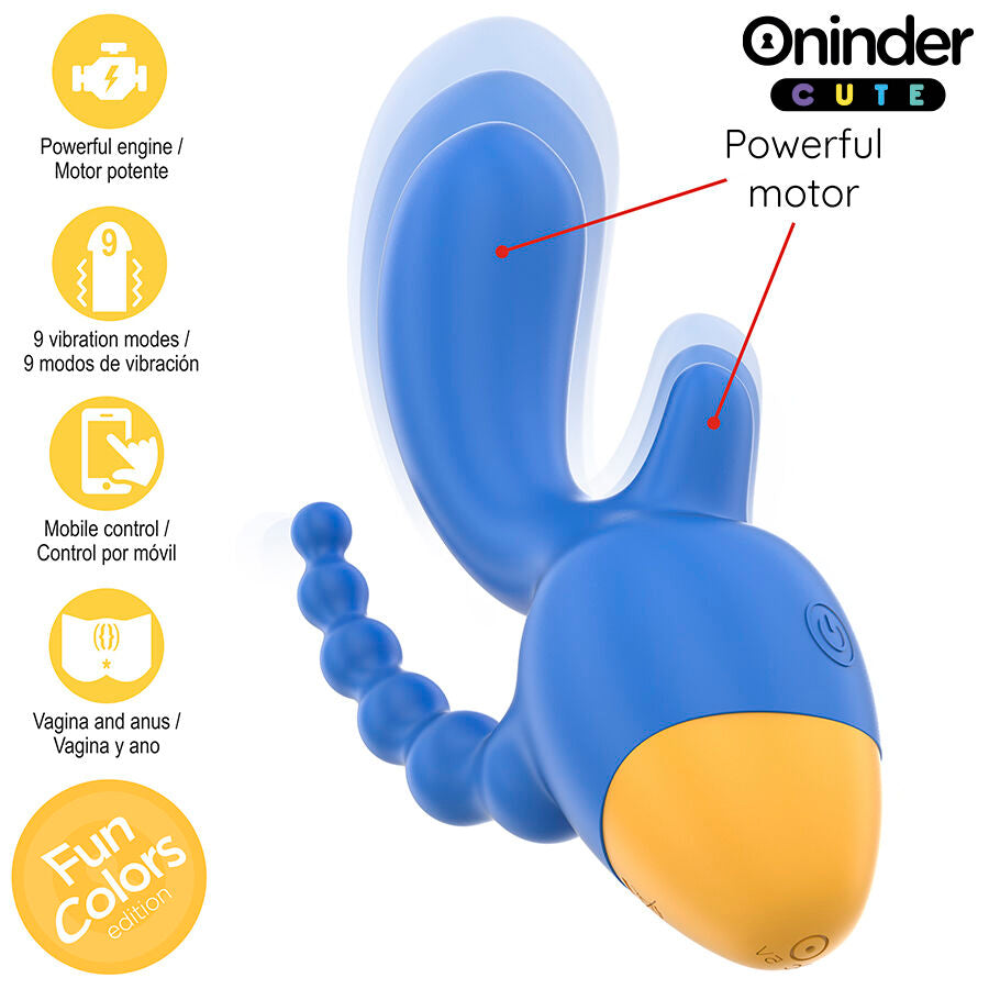 Vibromasseur triple Oninder bleu en silicone supersoft avec base doree, mention USB rechargeable, stimulateur point G clitoris et anal connecte pilotable par application mobile