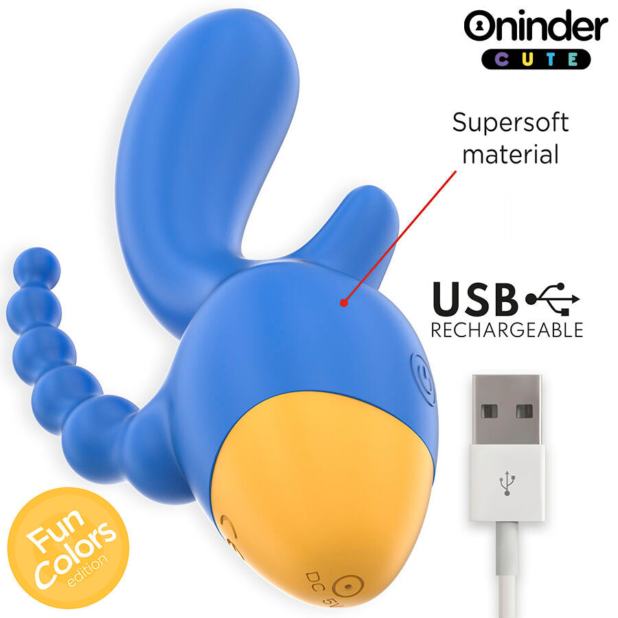Vibromasseur triple Oninder bleu en silicone, gros plan sur les branches de stimulation et la mention powerful motor, stimulateur point G clitoris et anal pilotable par appli