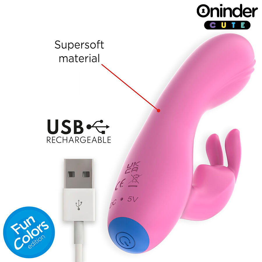 Vibromasseur lapin Oninder rose en silicone supersoft avec base bleue, mention USB rechargeable et cable a cote, double stimulateur point G et clitoris connecte par application
