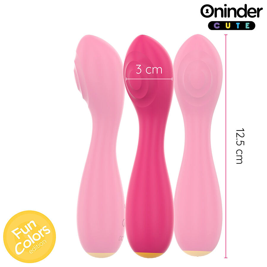 Trois variantes du mini vibromasseur wand Oninder rose en silicone, vue de face avec cote de 12,5 cm de hauteur et 3 cm de largeur, tete arrondie pour stimulation externe