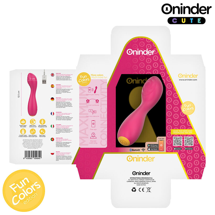 Boite ouverte du mini vibromasseur wand Oninder Fun Colors rose, notice multilingue depliee et sextoy silicone visible, stimulateur connecte rechargeable pilotable par appli