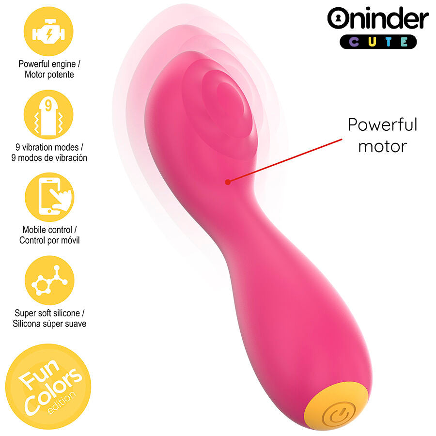 Mini vibromasseur wand Oninder rose en silicone, gros plan sur la tete arrondie et la mention powerful motor, stimulateur clitoridien connecte pilotable via application mobile