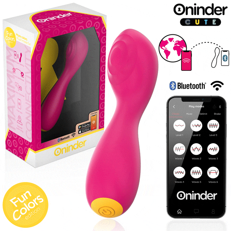 Mini vibromasseur wand Oninder rose en silicone avec base doree et boite coloree, telecommande Bluetooth posee a cote, stimulateur connecte pilotable par application gratuite